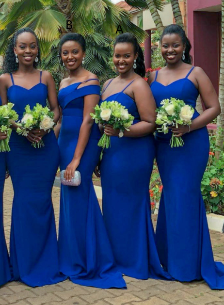 African Satin Blue Bridesmaid Dresses Spaghetti Straps Mermaid Wedding