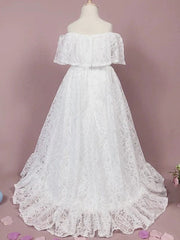Cheap A Line Off the Shoulder White Lace Boho Flower Gril Dresses
