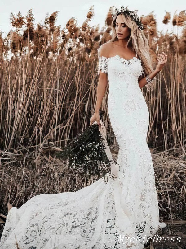 Off the Shoulder Lace Beach Boho Wedding Mermaid Bridal Wears – MyChicDress