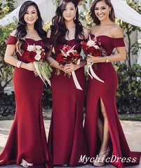 Sexy Burgundy Wedding Guest Dresses Floor Length Bridesmaid Dress with Split