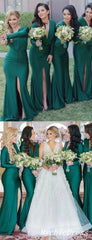 Fall Wedding Guest Dress Emerald Green Bridesmaid Dresses Long Sleeves V Neck