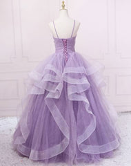 Sparkly Purple Evening Dresses Spaghetti Straps A Line Tulle Prom Dresses