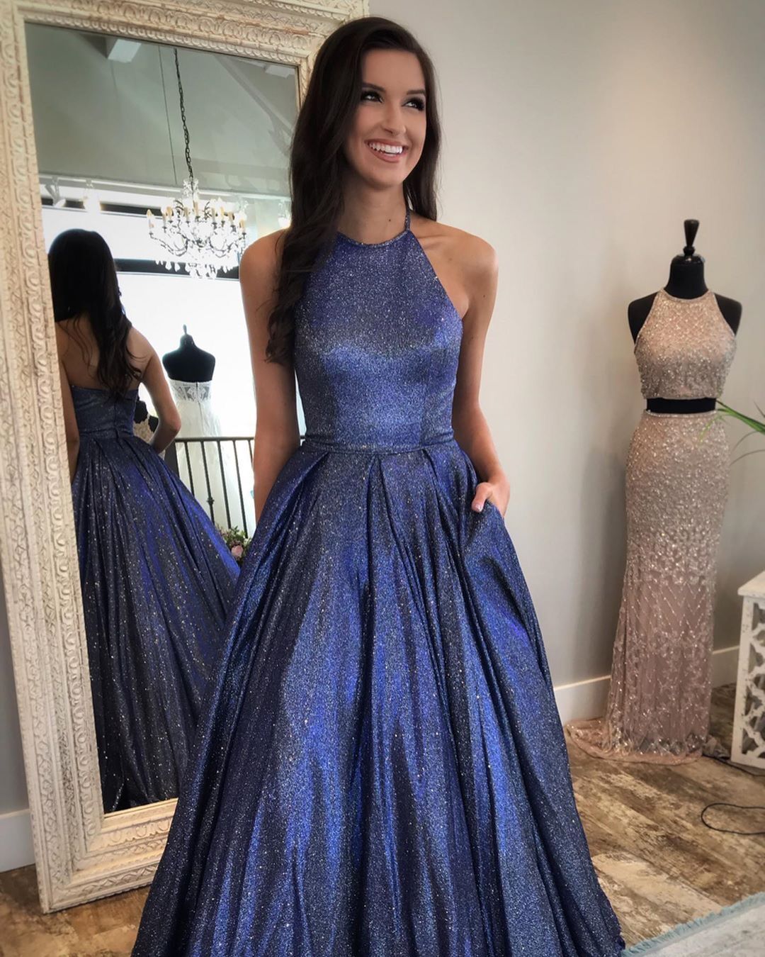 Glitter A Line Navy Blue Prom Dresses Halter Long Evening Gown – MyChicDress