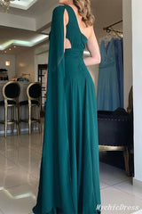 2024 Long Green One Shoulder Prom Dresses Chiffon Simple Evening Dress
