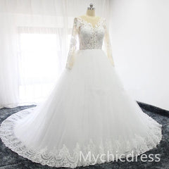 A Line Lace Tulle Ivory Vintage Wedding Dresses with Sleeves