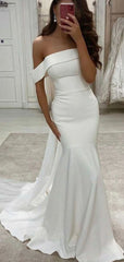 Off the Shoulder Mermaid Satin Bridal Dress UK Long Ivory Wedding Dress