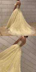 Long Yellow Evening Dresses Lace A Line Sleeveless Prom Dresses