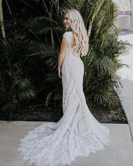 Hot Lace Mermaid Bohemian Wedding Dresses Jewel Cap Sleeves