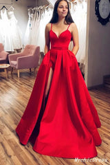 A Line Red Satin Prom Dresses 2024 Spaghetti Straps V Neck Long Evening Gown