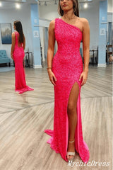 2024 Long Pink Prom Dresses Sequins One Shoulder Evening Gown with Split
