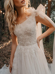 Real A Line Tulle Lace Wedding Dresses One Shoulder with Shawl