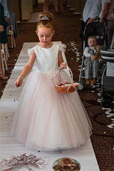 Cheap Pink Flower Girl Dresses Appliques Tulle Floor Length Dress for Wedding