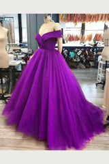 A Line Off the Shoulder 2024 Purple Tulle Prom Dresses Long Evening Gown