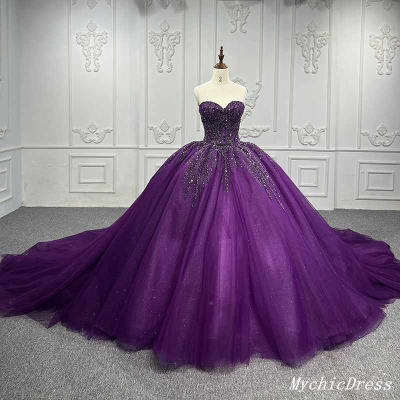 Purple Ball Gown Quince Dresses Tulle Sweetheart Sequin Wedding Dresse