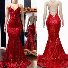 Long Sequin Red Prom Dresses Mermaid Sleeveless Evening Gown