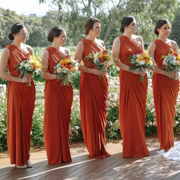 Sheath One Shoulder Rust Orange Bridesmaid Dresses Ruffles – MyChicDress