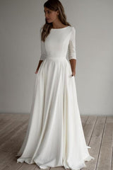 Simple Floor Length 3/4 Sleeves Satin Wedding Dresses with Pockets