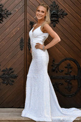 2024 Sequin Evening Dresses White Iridescent Mermaid V Neck Cheap Prom Dress