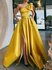 Hot Yellow One Shoulder Prom Dresses Satin Long Evening Dress with Split