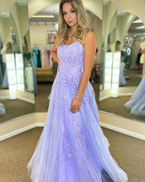 2023 Lilac Lace Prom Dresses A Line Long Formal Dress