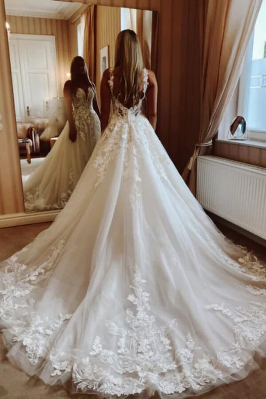 A Line Deep V Neck Lace Wedding Dresses