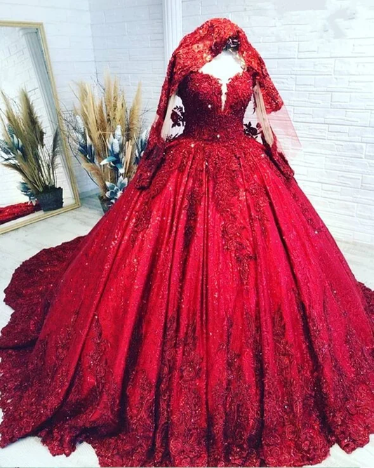 Long Sleeves Sequins Lace Red Wedding Dresses
