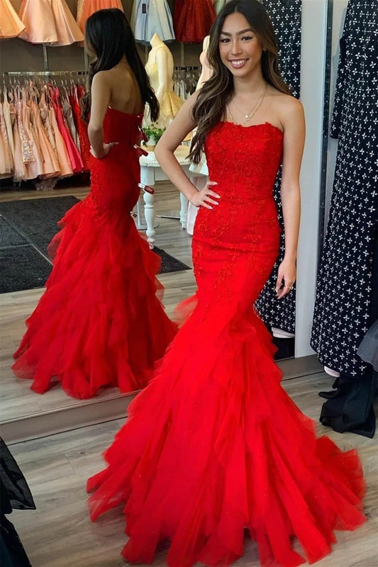 Cheap Strapless Red Lace Prom Dresses