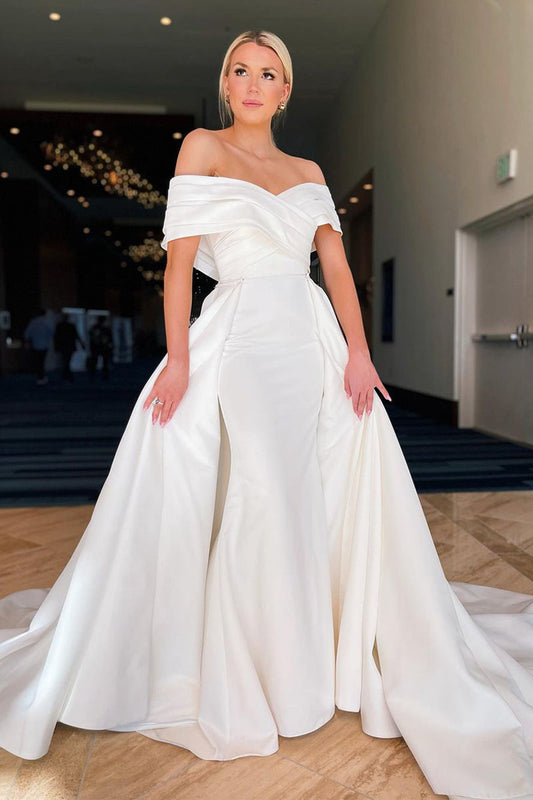 Chic Mermaid Off the Shoulder White Satin Wedding Dress with Detachable Train