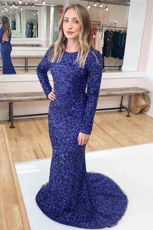 Neck Blue Sequins Prom Dress with Sleeves