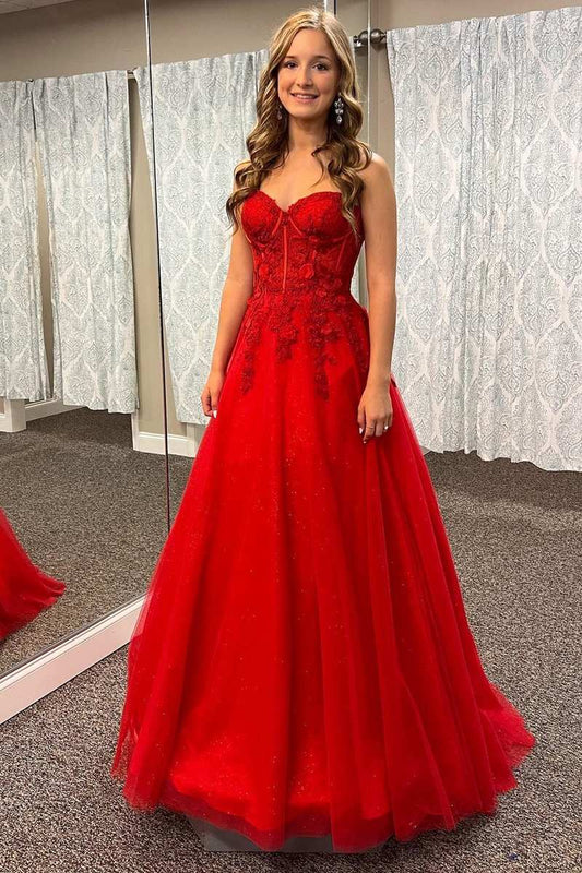 Red Floral Lace Prom Dresses