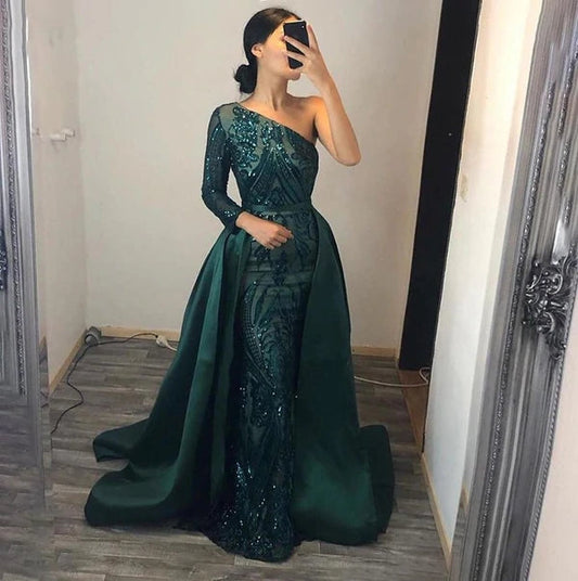 One shoulder emerald prom dresses