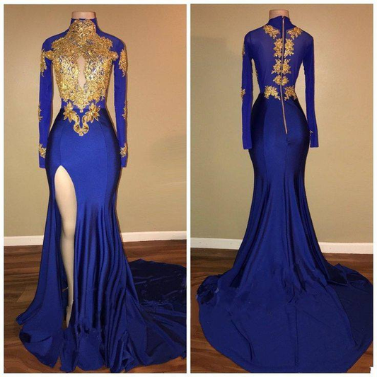 Long Sleeves Blue Gold Prom Dresses