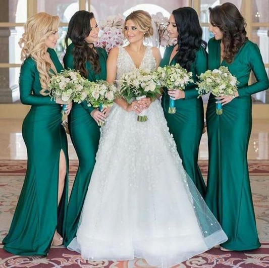 long sleeves emerald green bridesmaid dress