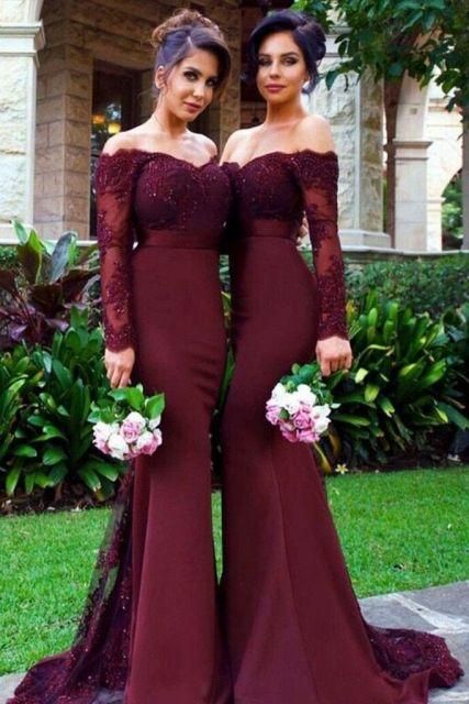 long sleeves bridesmaid dresses burgundy
