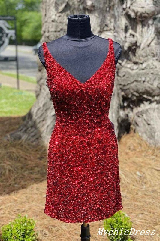 burgundy short prom dress sequin