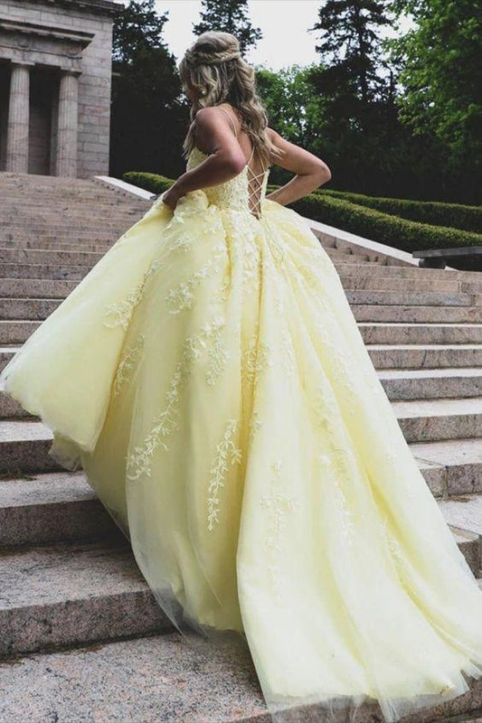 yellow lace prom dresses