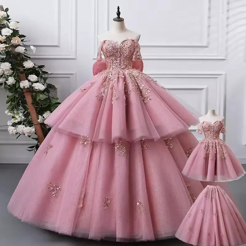 2 In 1 Quinceanera Dresses Pink Shiny Two Piece Sweet 15 Dresses With Bow