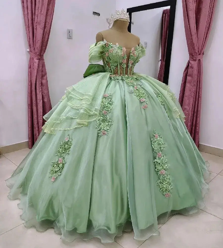  2 In 1 Two Pieces Quinceanera Dresses Green Convertible 3D Flowers