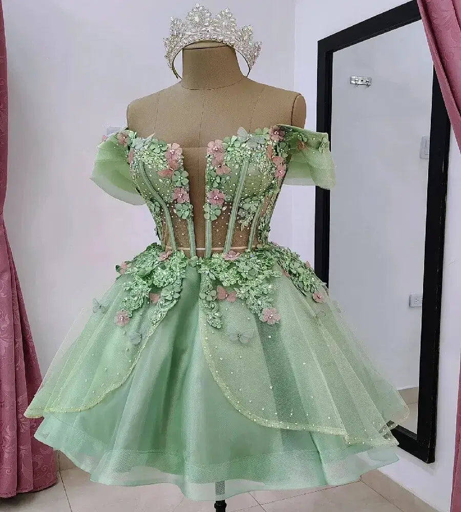 Green floral short party dress