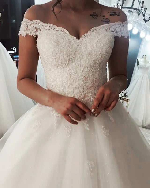 2024 Lace Off Shoulder Cheap Wedding Dress Appliques MyChicDress
