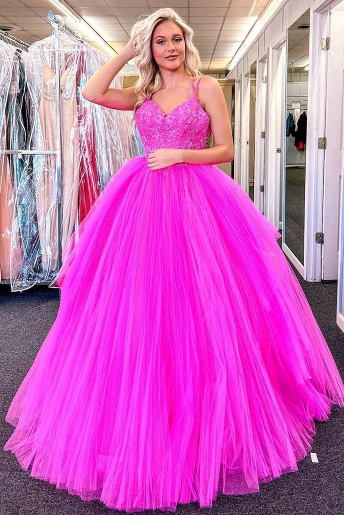 Long V Neck Fuchsia Prom Dresses 2025 Appliques Lace Tulle Formal Even