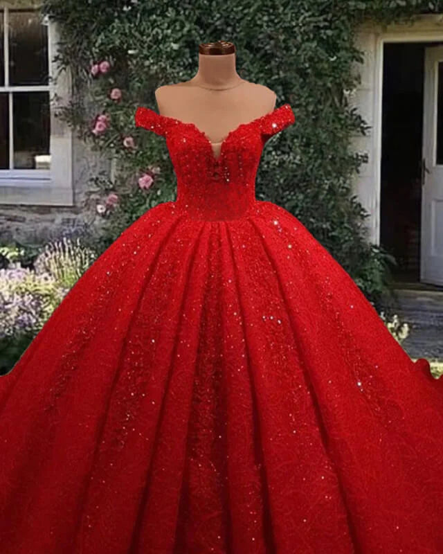 2025 Off Shoulder Glitter Wedding Dresses Red Sequin Ball Gown