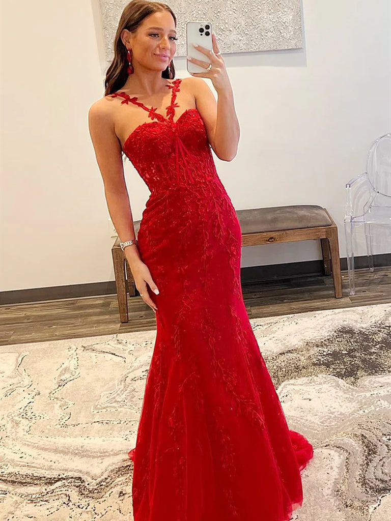2025 Red Lace Prom Dresses Mermaid Sleeveless Formal Evening