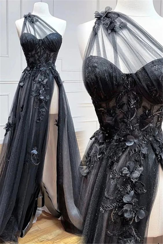 2024 Black One Shoulder Long Prom Dresses Formal Dress with Split ...