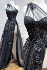 2024 Black One Shoulder Long Prom Dresses Formal Dress with Split