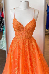 2024 Corset Orange Prom Dress Lace A Line Spaghetti Straps Appliques