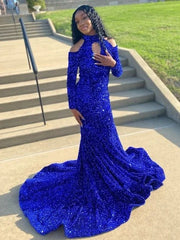 2024 Halter Royal Blue Long Prom Dresses Sequin Mermaid Evening Gown