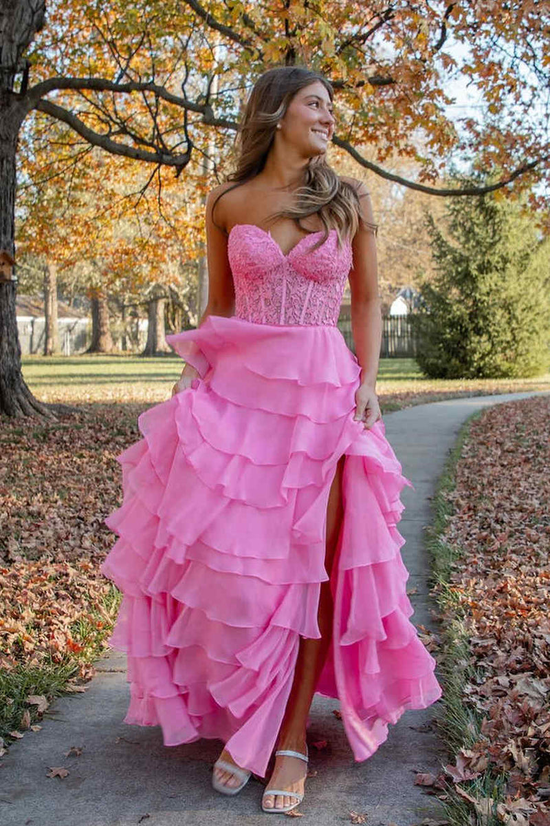 Hot Pink Corset Long Prom Dresses