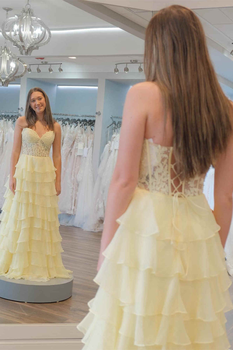 2025 Hot Pink Corset Long Prom Dresses Ruffle Sweetheart Lace Chiffon - MyChicDress