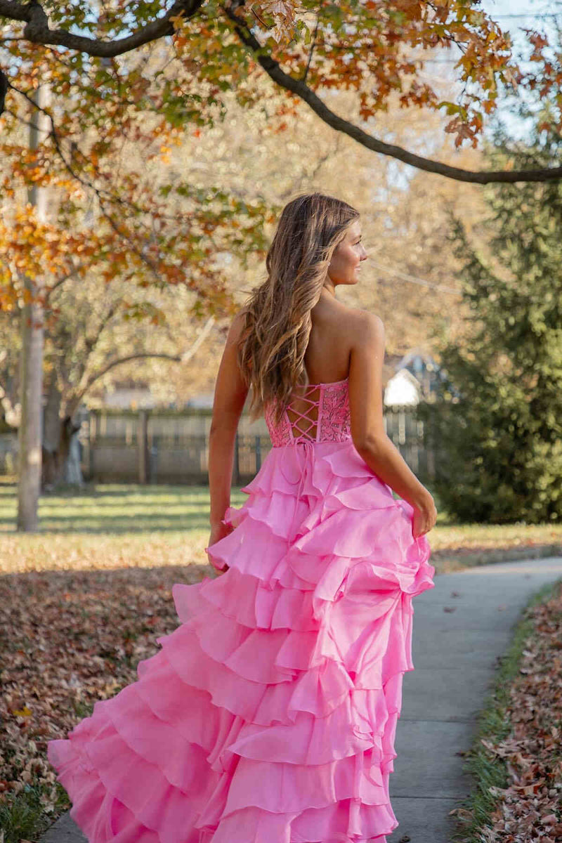 2025 Hot Pink Corset Long Prom Dresses Ruffle Sweetheart Lace Chiffon - MyChicDress